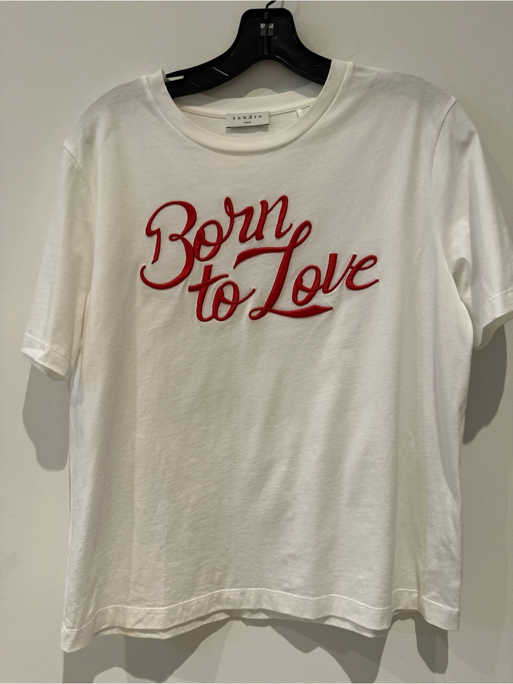 Sandro White T-Shirt with Red "Born to Love" Embroidery